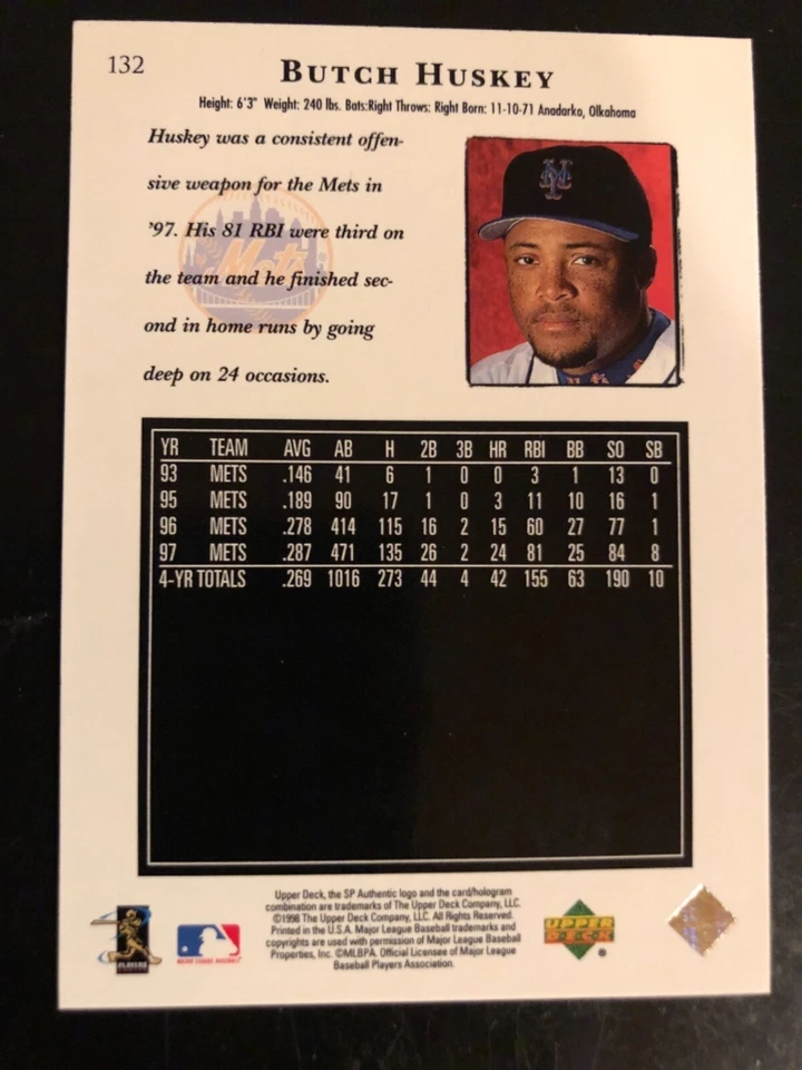 1998 SP Authentic #132 Mets Butch Huskey Baseball Card - Image 2 of 2