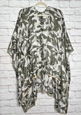 XL/1X/2X/3X New White Green Acanthus Leaves Scarf Print Kimono Top Beach Cover