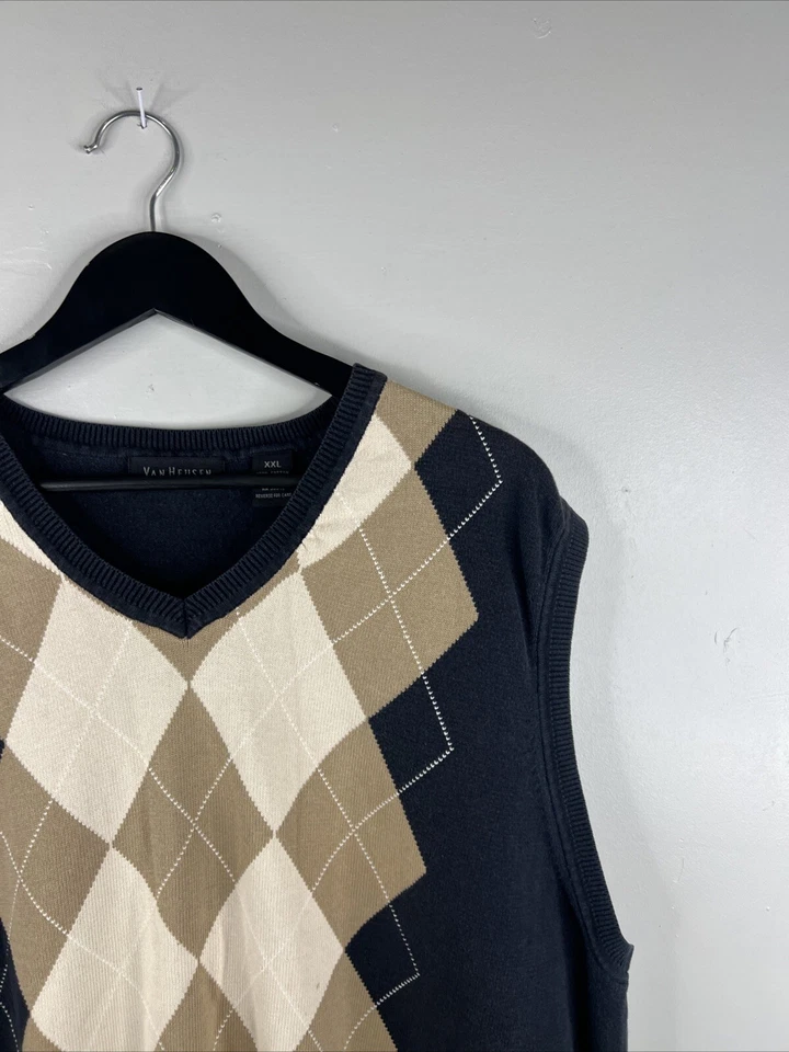Van Huesen Sweater Vest Adult XXL Brown Black Argyle Cotton Golf Men B15 - Image 3 of 4