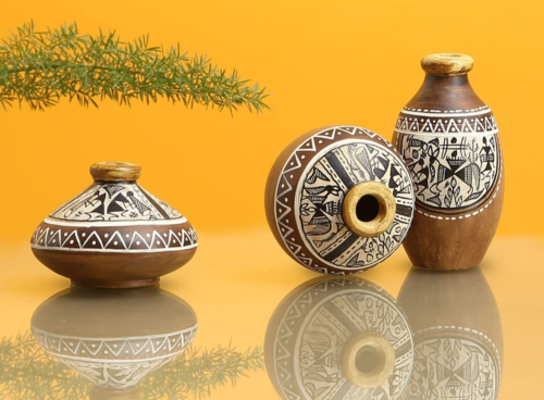 Handbemalte dekorative Mini-Terrakottatöpfe von Warli, 3er-Set, Geschenkstück - Bild 1 von 14
