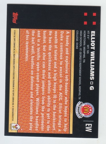 2008 TOPPS McDONALDS ELLIOT WILLIAMS #EW TRUE ROOKIE MINT 1ST CARD EVER MADE HTF - Picture 2 of 2