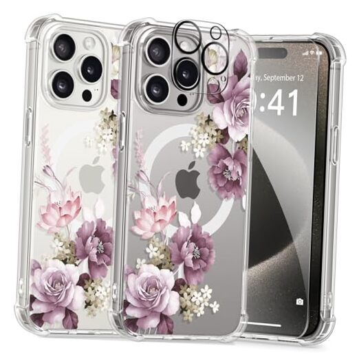 Magnetic For iPhone 15 Pro Max case (6.7-inches, 2023) Cherry Blossoms/Purple