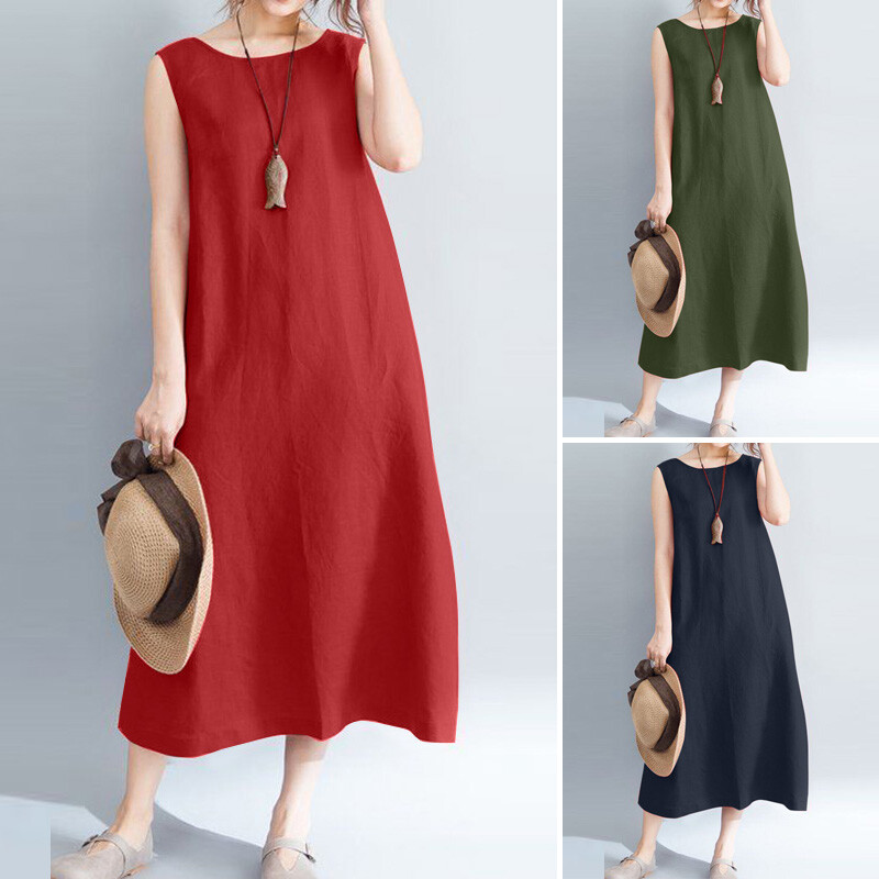 Summer Womens Sleeveless Cotton Linen Long Dress Oversized Wedding