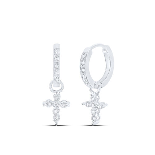 Gift for Mothers Day 10kt White Gold Diamond Cross Hoop Dangle Earrings ...
