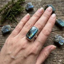 Natural Labradorite Gemstone Ring Size 7 - Handmade 925 Silver Blue Flash Boho