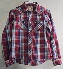 Vintage Wrangler American Cowboys Boys Plaid Western Snap Shirt Red Blue Youth L