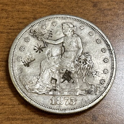 1875-S $1 Trade Silver Dollar XF-AU details - Fantastic Chop Marks