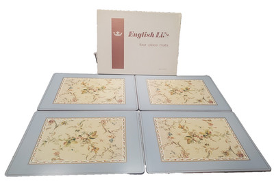 VTG ENGLISH LIFE KILBURN CHINTZ BLUE FLORAL PLACEMATS CORK BACKED SET OF 4
