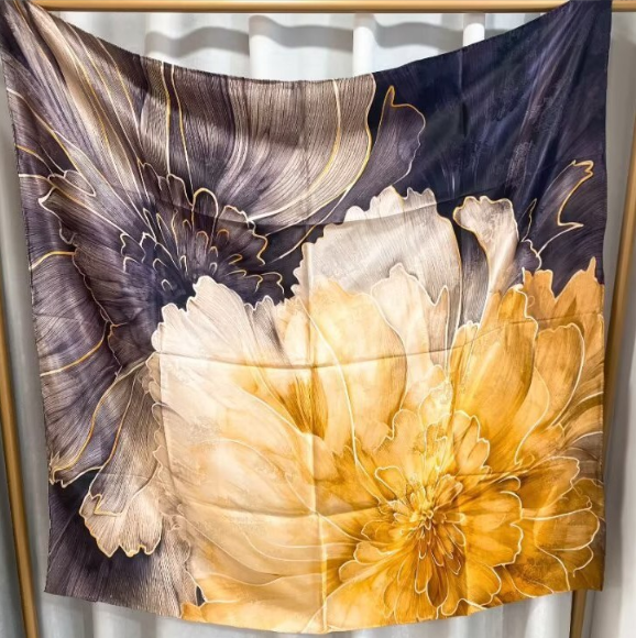 19 Momme Silk Shawl Scarf 43'' peony Print Neckerchief wrap Bandana jacquard new
