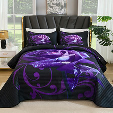 Purple Quilt Set King Size, 3 Pieces Rose Floral Quilt Set Botanical Bedspread w