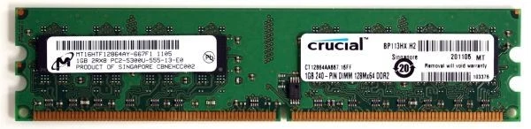 1gb 240p dimm 128mx64 ddr2 pc2-5300 mt16htf12864ay-667f1, ct12864aa667.16ff - Image 2 of 2