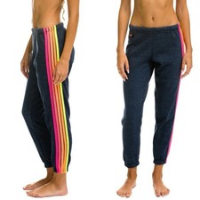 AVIATOR NATION 5 Stripe Sweatpants Heather Navy / Neon Rainbow SZ XS