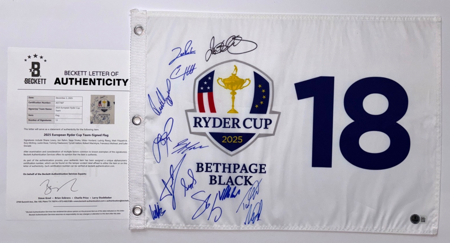 Rory McIlroy Autographed Signed 2025 FULL TEAM EUROPE RYDER CUP GOLF FLAG BETHPAGE BLACK 12 + 1 BAS LOA 