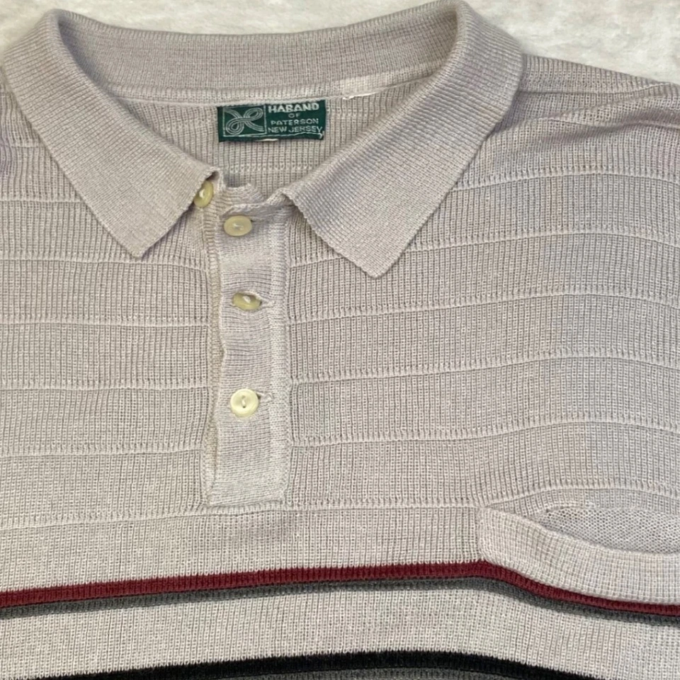 Camisa polo tejida Haband vintage para hombre, suéter informal a rayas con cuello, gris rojo Foto 2 de 4