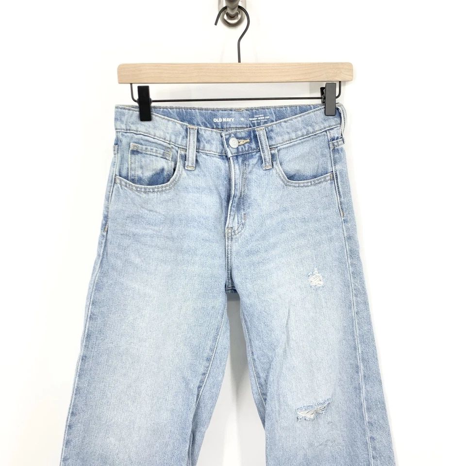 Pantalones de mezclilla viejos azul marino para niños niñas talla 12 lavado ligero desgastados holgados pierna ancha Foto 2 de 4