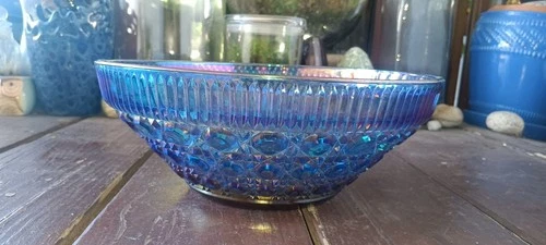 Vintage Blue 10" Carnival Glass Bowl Iridescent Indiana Windsor Button