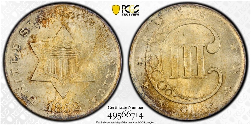 1852 P Silver Three Cent Pieces - Trimes PCGS MS-66+ Plus CAC Pretty! - Image 3 of 3