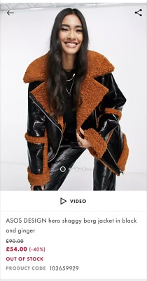 Aviator borg Black Jacket Asos Faux leather With Faux Fur Collar Size NEW 