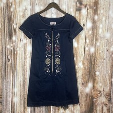 Beautiful Caro Vintage Embroidered Sm Knee Length Shift Dress Navy