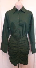 *BNWT* PRETTYLITTLETHING Ladies UK4 Green Ruched Bodycon Shirt Dress 