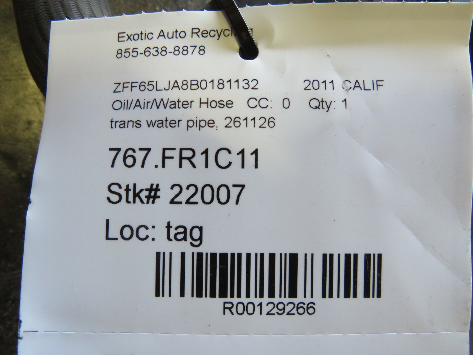 Ferrari California, Transmission Water Return Pipe, Used, P/N 261126