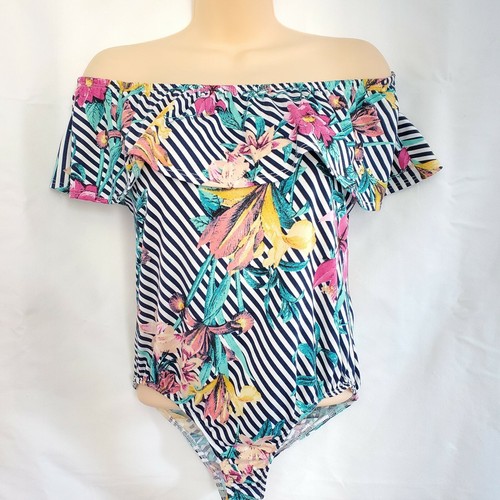 Beware White Blue Striped Floral Off Shoulder Ruffle Stretch Bodysuit Size L - 第 1/11 張圖片