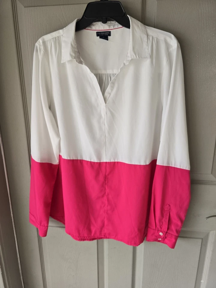 U.S. Polo Assn рубашка женщин L белый розовый пуловер длинным рукавом Colorblock Costal - Изображение 3 из 4