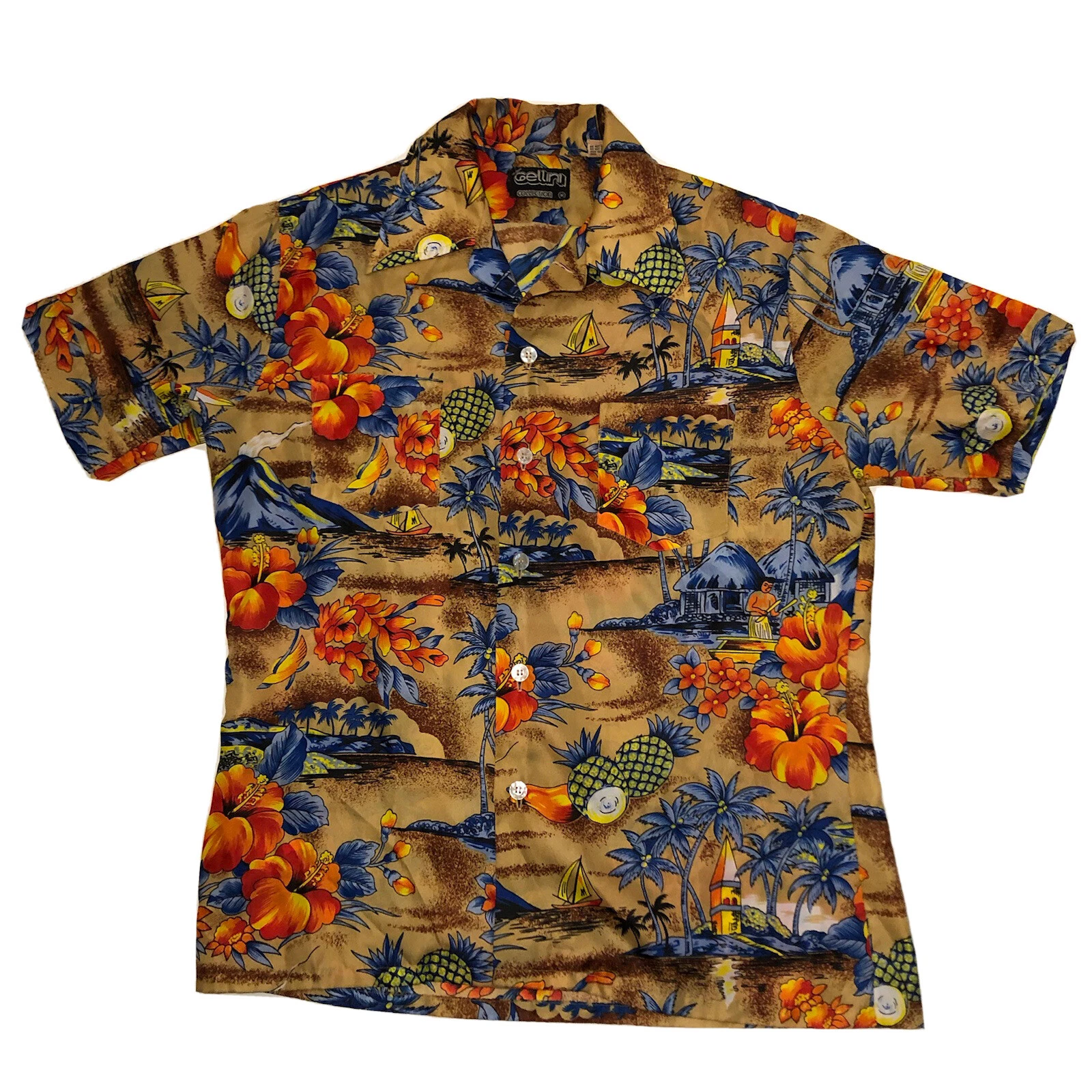 Vtg Cellini Collection Hawaiian Floral Shirt Mens Medium M Burnt Sienna 70’s