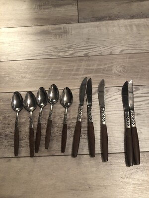 Ekco Eterna LA JOYA DINNER 10 Piece Stainless Steel Japan MCM Wood Flatware