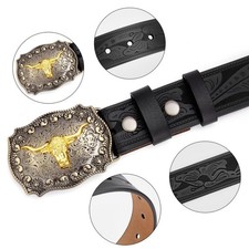 Men's Western Cowboy Leather Buckle Belts with Longhorn Bull Head Belt Buckle