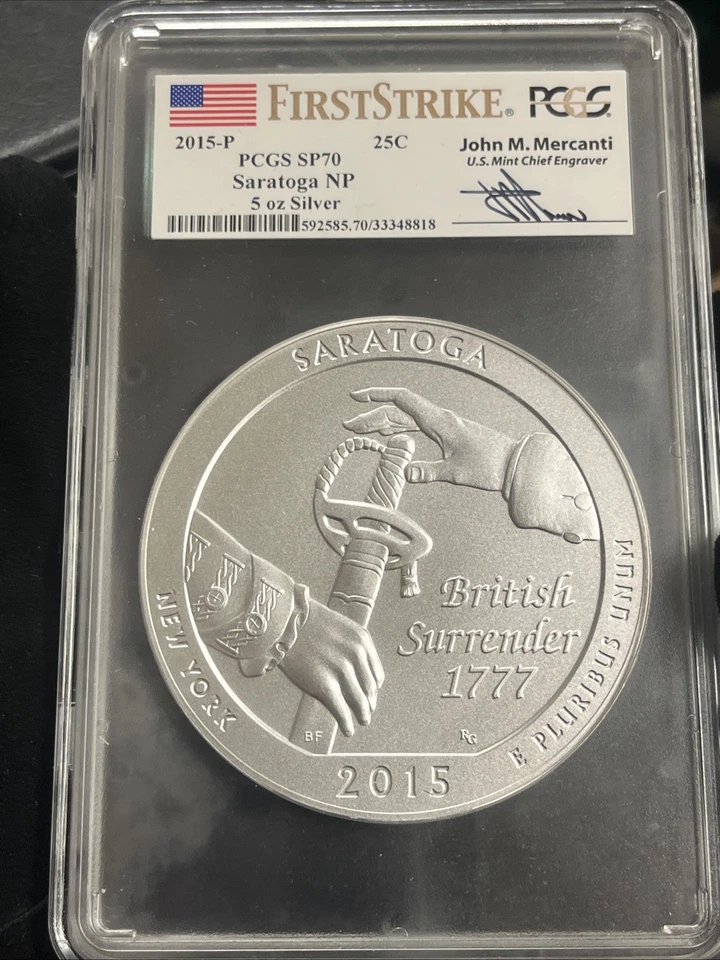 2015-P SARATOGA NP ATB 5 Oz. SILVER PCGS SP70 John Mercanti First Strike FS #8 - Image 2 of 4