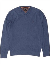 TOMMY HILFIGER Mens V-Neck Jumper Sweater Large Navy Blue Cotton CT20