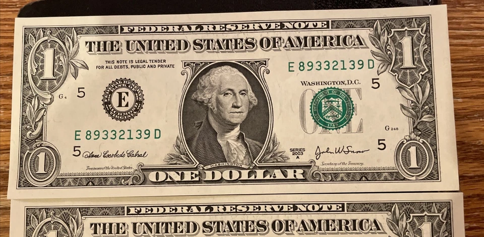 Three (3) 2003 Uncirculated Consecutive Serial Number One Dollar Notes - Image 4 of 4