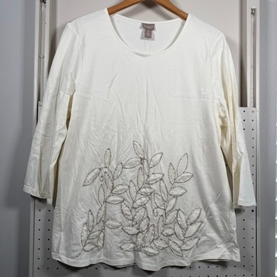 Chico's T-Shirt Women's Ivory Applique Flower Beaded 3/4 Sleeve Top Large 2 NWT