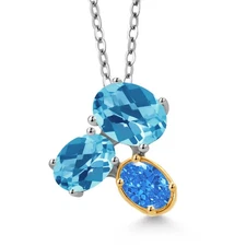 925 Silver and 10K Yellow Gold Swiss Blue Topaz and Fancy Blue Zirconia Pendant