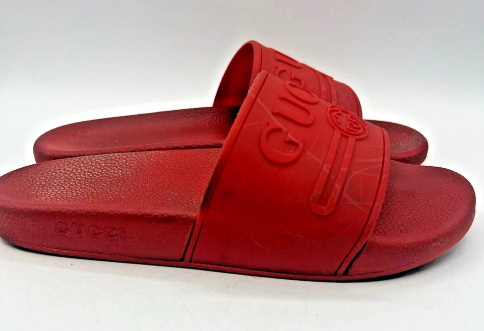 Gucci Men Red Rubber Slide Sandals Size 9.5 US 42 EU GG Logo Pool Slides Shoes - Image 2 of 4