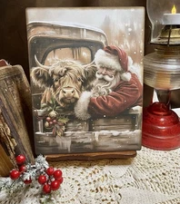 Rustic Christmas, Santa, Highland Cow, Handcrafted Plaque