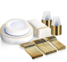 Best M MCIRCO 175 Piece Gold Dinnerware Set - 50 Plates 25 Silverware Cups Paper