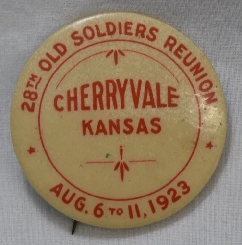 VTG 1923 28th Old Soldiers Reunion Kansas Pinback Button Badge Civil War Veteran
