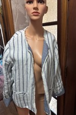 Chico s Blue White Linen Fringed 3/4 Sleeve Casual Open Front Jacket Boho Large
