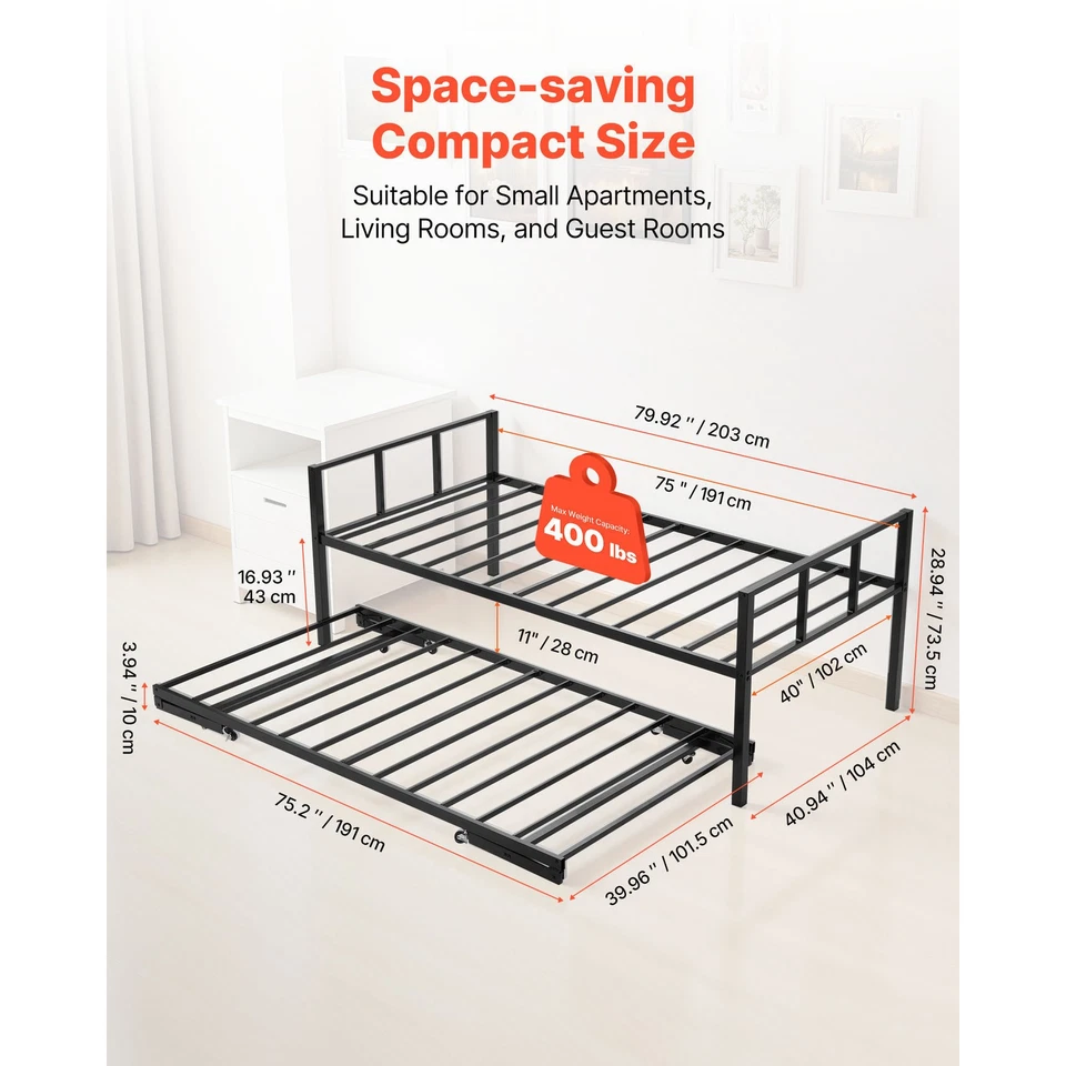 Uimoso Twin Size Daybed Frame Cama de día de metal con nido y listones de metal Foto 3 de 4