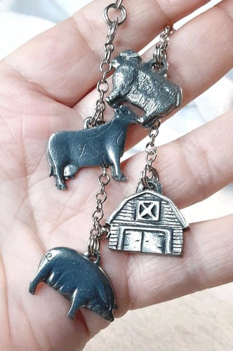 ** UNUSUAL 1986 D.P. Ltd. Maiden Vermont Pewter Farm Animal Charm Bracelet **