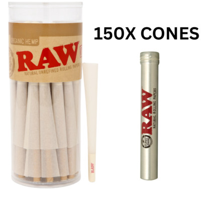 RAW 1 1/4 Organic Pre-Rolled Cones 150ct + RAW Air Tight Tube