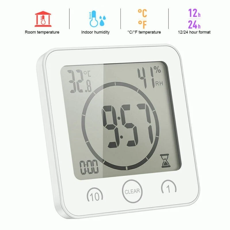 Waterproof Digital Bathroom Shower Clock Timer Alarm Temperature Meter Humidity - image 3 of 4