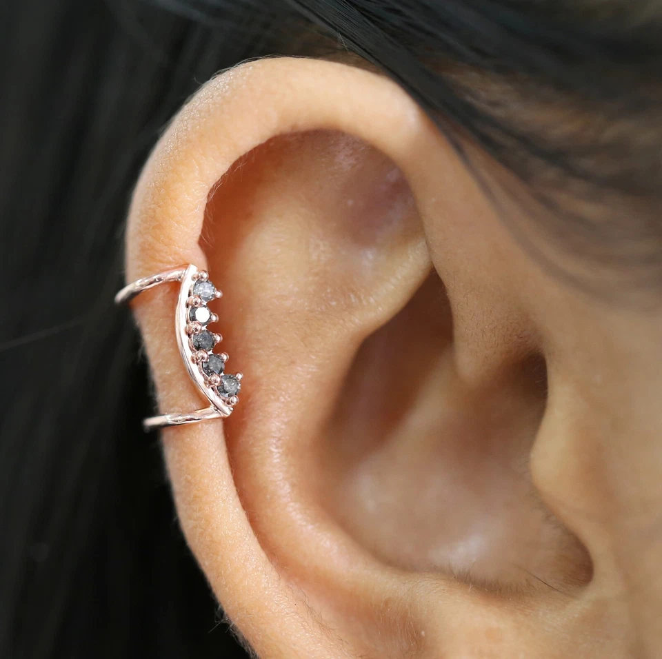 Brazalete redondo negro gris diamante oreja oro amarillo blanco rosa 14K KD1072 Foto 2 de 4