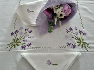 Tischdecke x12 Leinenmischung (60%Leinen und 40%Baumwolle) Stickerei Vollstich Blumen Hand