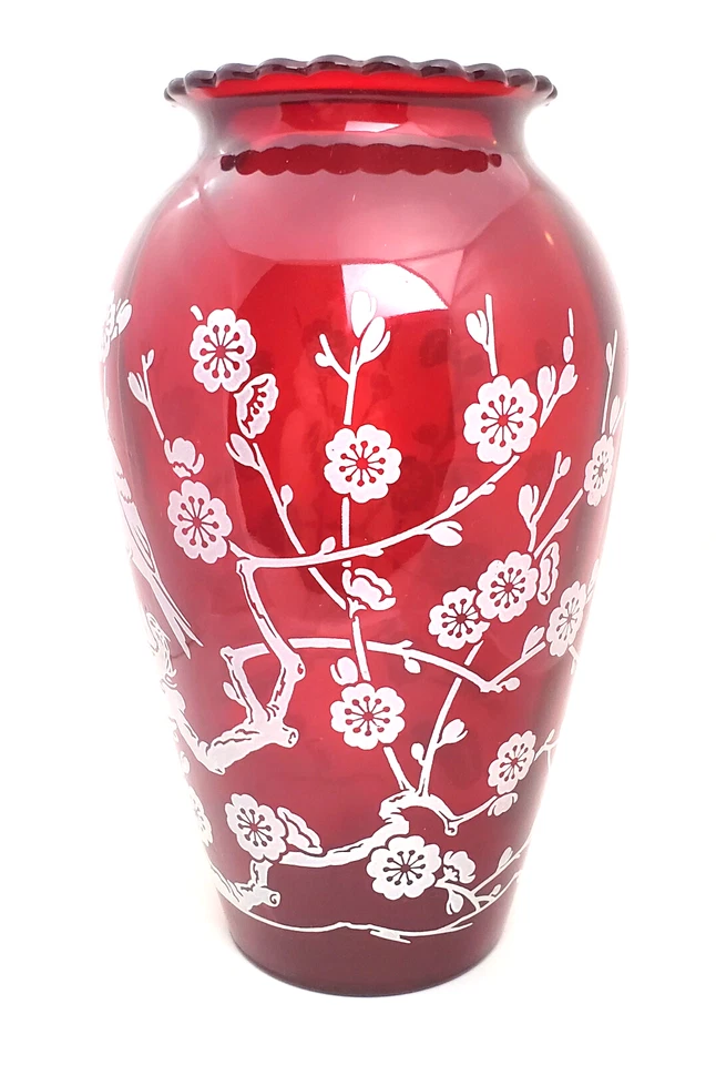 Vintage Anchor Hocking Ruby Red Vase with White birds on Blossom Branch Motif 9" - Image 2 of 4
