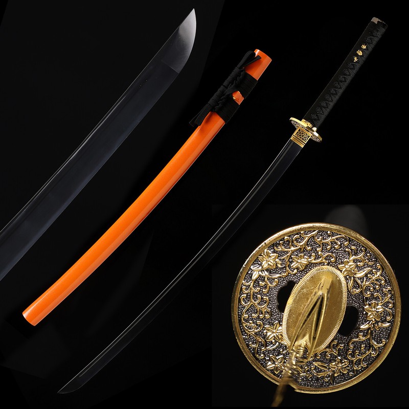 Japanese Katana Sword Full Tang Samurai 9260 Spring Steel Black Blade Engraved