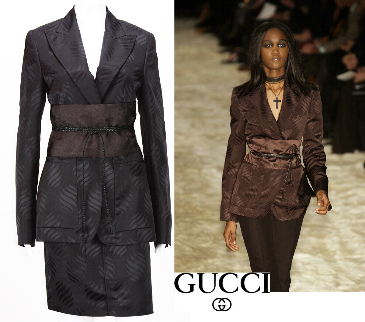 Tom Ford for Gucci F/W 2002 Brown Silk Kimono Skirt Suit Obi Tom Ford for Gucci F/W 2002 Brown Silk Kimono Skirt Suit Obi