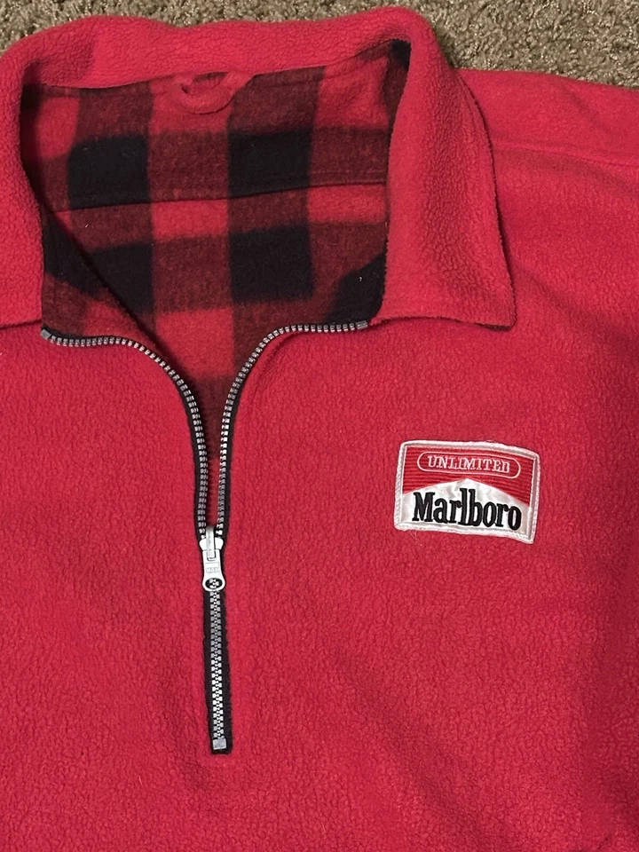 Vintage Marlboro Buffalo Plaid Reversible 1/4 Zip Fleece Pullover Jacket Sz XXL - Image 2 of 4